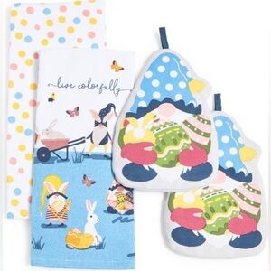 Live Colorfully Gnome Towel & Potholder Set, Blue Multi, NWT